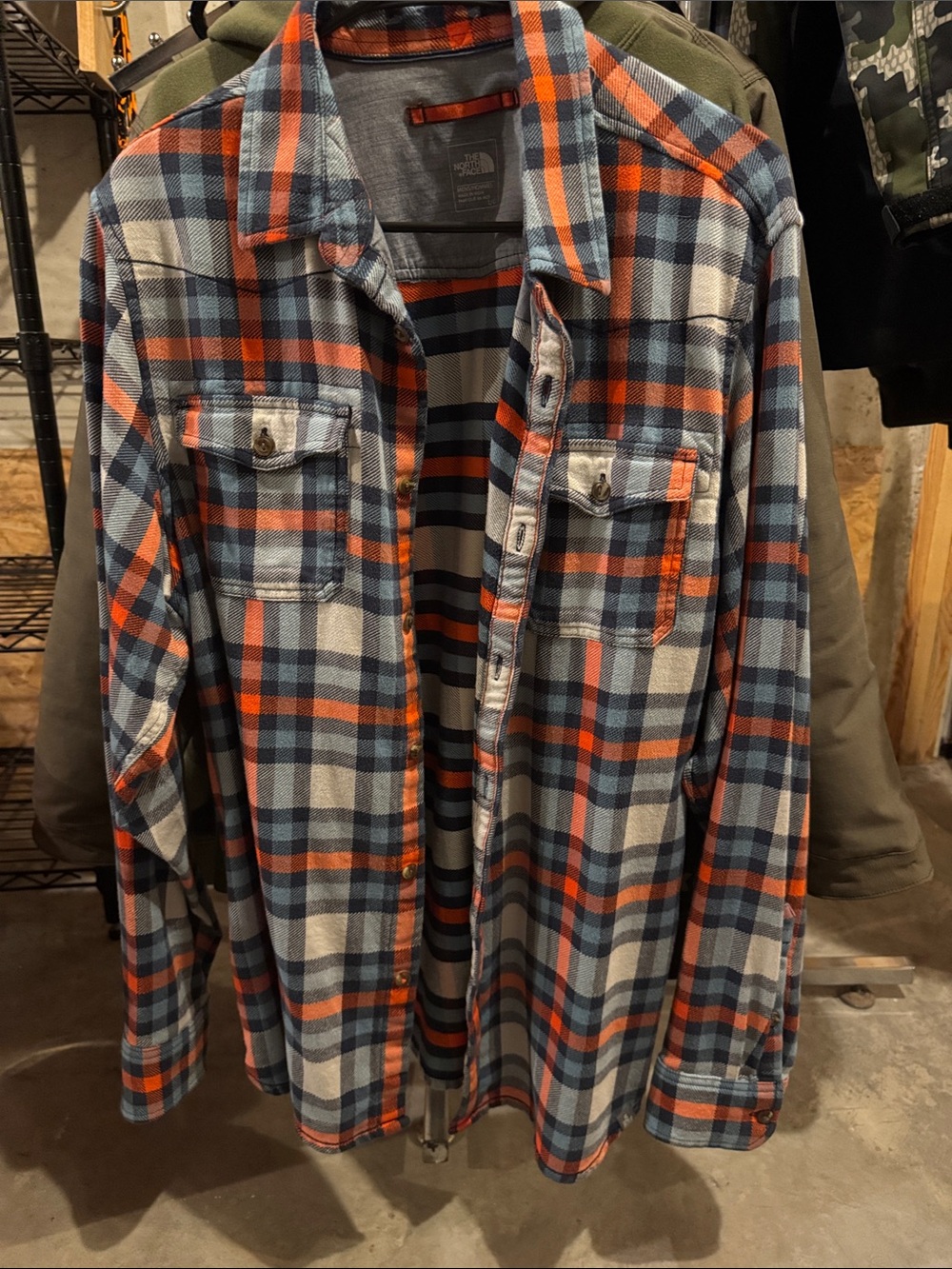 The North Face Blue, Gray & Orange Plaid Flannel Shirt size large